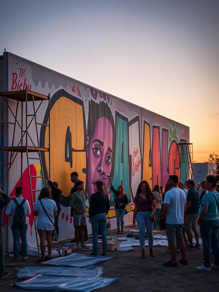 A photo of artists collaborating on a public art project, painting a mural on a building wall, demonstrating the association's support for artistic expression and community beautification.
