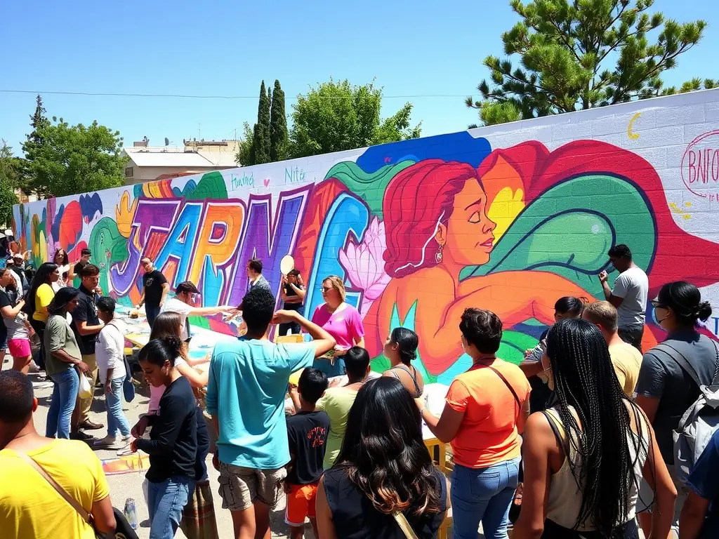 A photograph capturing a community art workshop in progress, with participants of various ages and backgrounds collaborating on a mural. The setting is a brightly lit community center in Caen, Normandy.