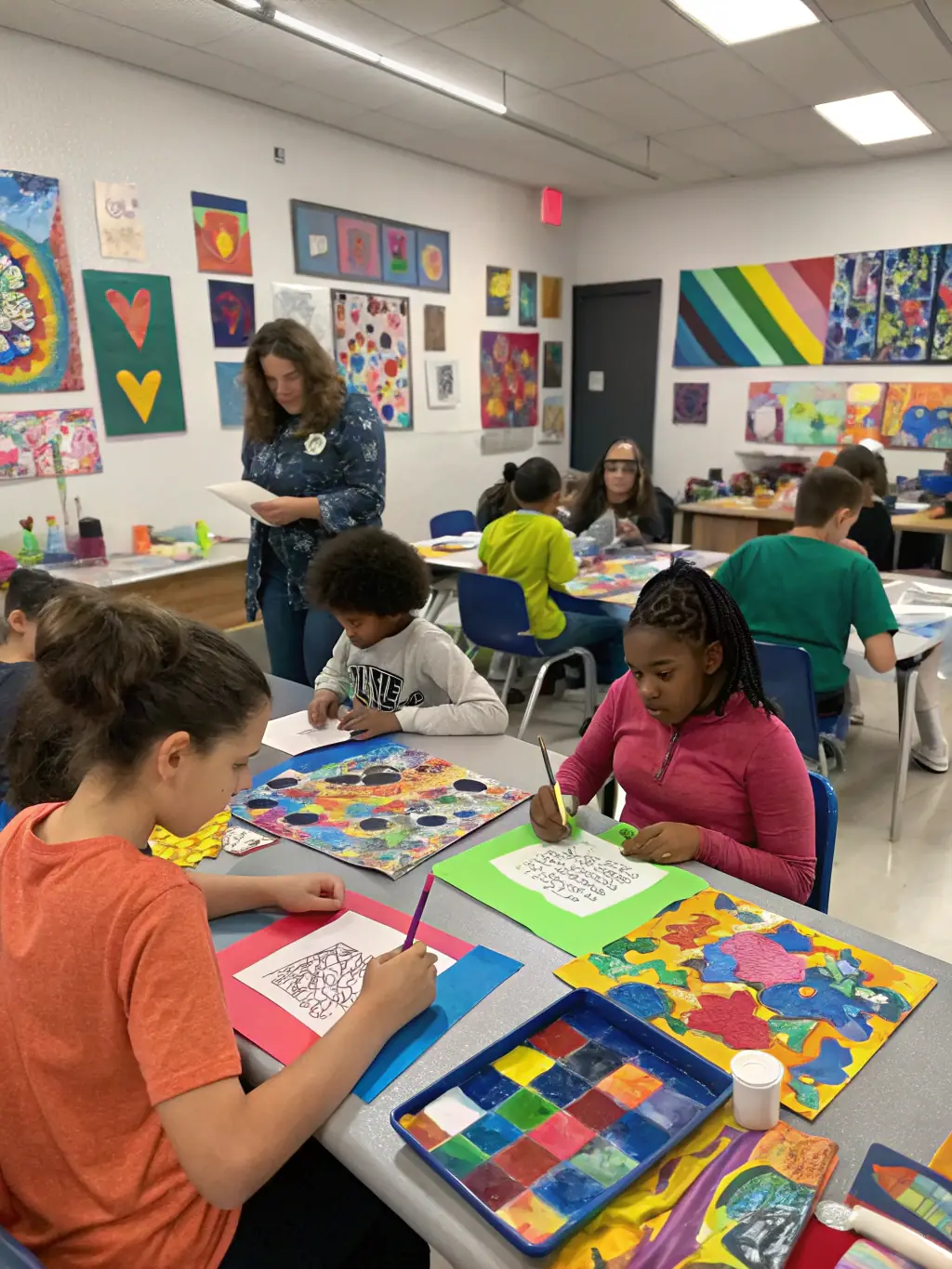 A vibrant photograph capturing a community art workshop in progress, with participants of all ages engaged in painting and crafting, showcasing the association's commitment to accessible art education.