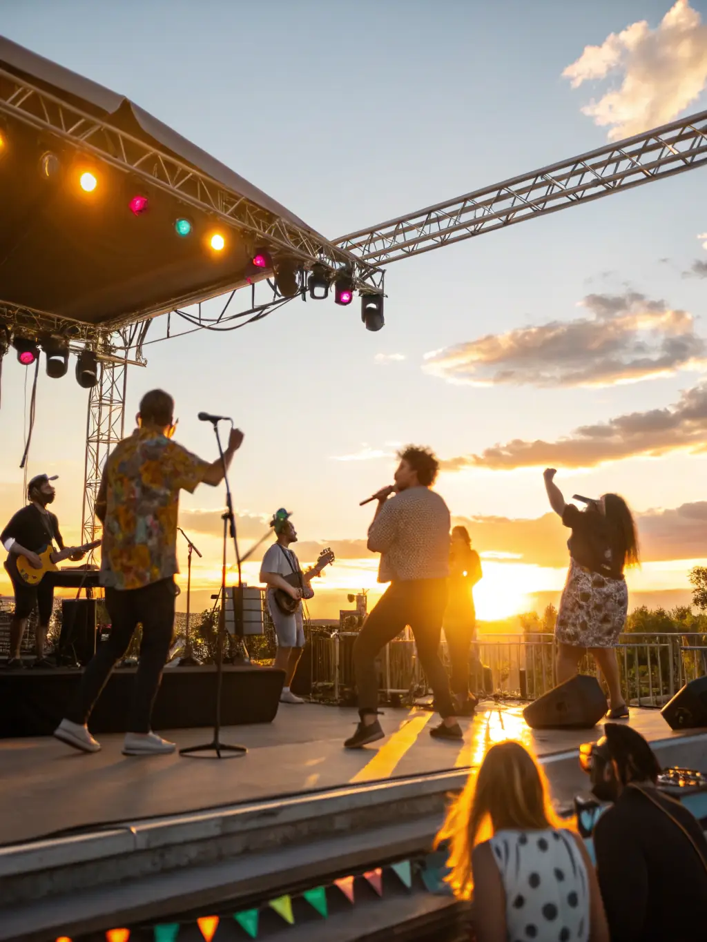 A dynamic image of a local music festival organized by the association, featuring musicians on stage and a diverse audience enjoying the performance, emphasizing the promotion of local talent.