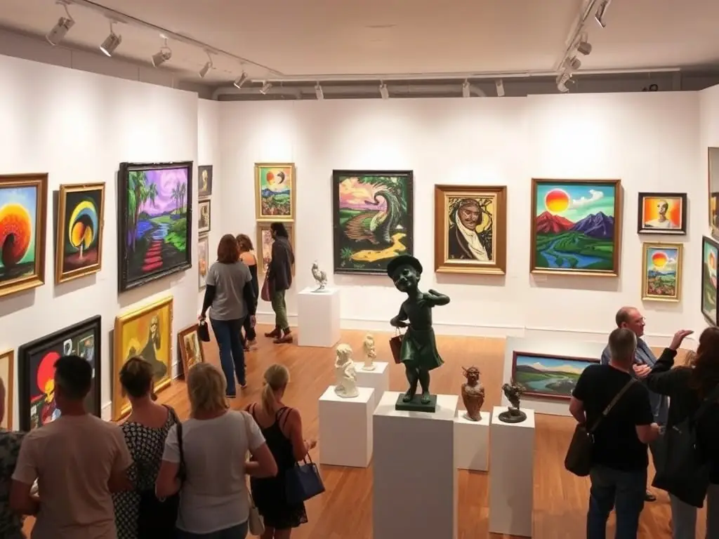 A photograph of an art exhibition featuring works by local artists, displayed in a gallery setting. The image captures visitors admiring the artwork and engaging in conversations about the pieces.