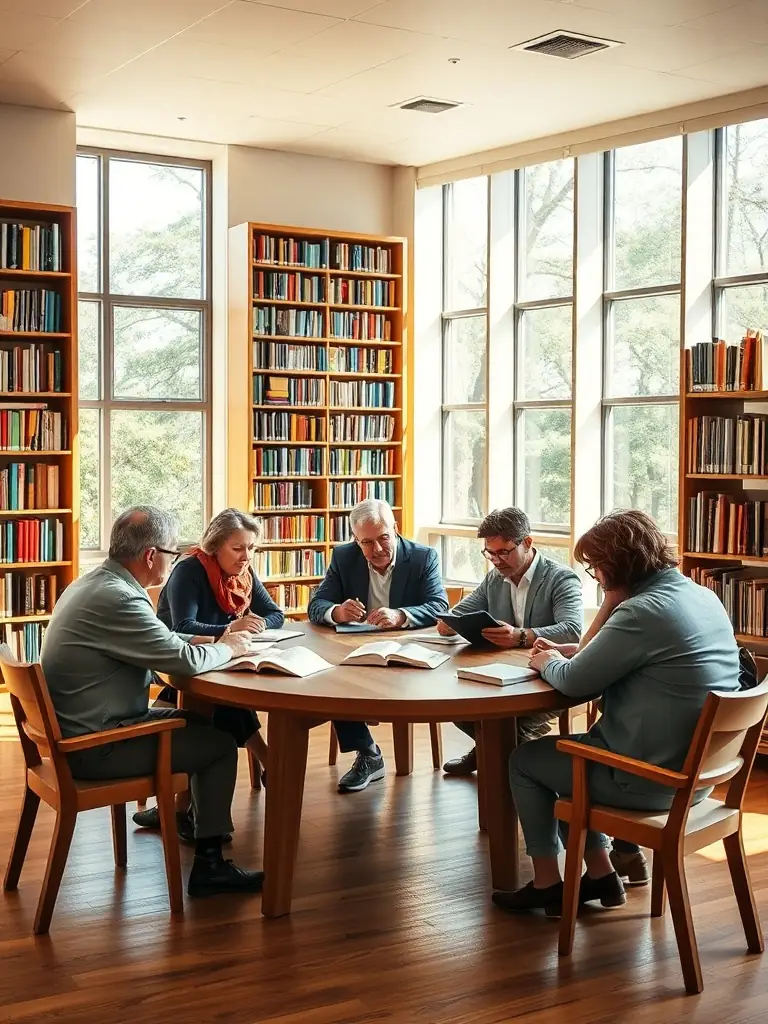 A photograph of a group of seniors participating in a creative writing workshop, sharing their stories and experiences, highlighting the association's commitment to lifelong learning and intergenerational connections.