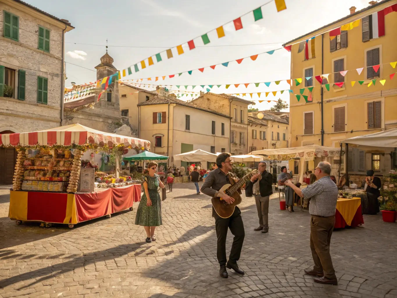 A photograph showcasing a vibrant cultural festival organized by the association, featuring live music, art installations, and food stalls. The event is taking place in a public square in Normandy, with a large crowd of attendees.